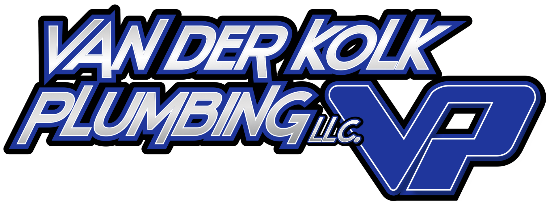 A blue and white logo for van der kolk plumbing llc