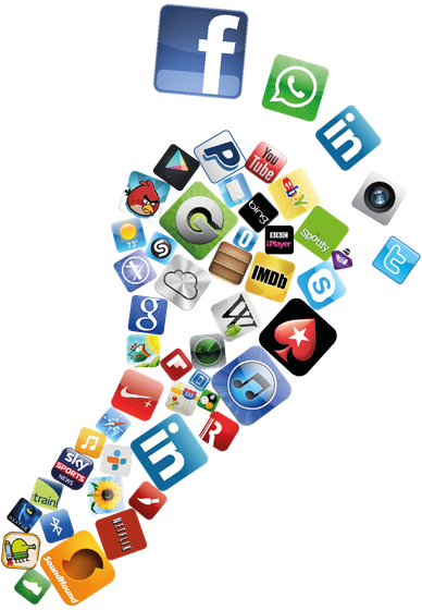 Various social media app logos forming a stylized footprint.