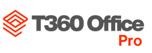Logo for T360 Office Pro, featuring a layered red geometric shape and text in grey and red.