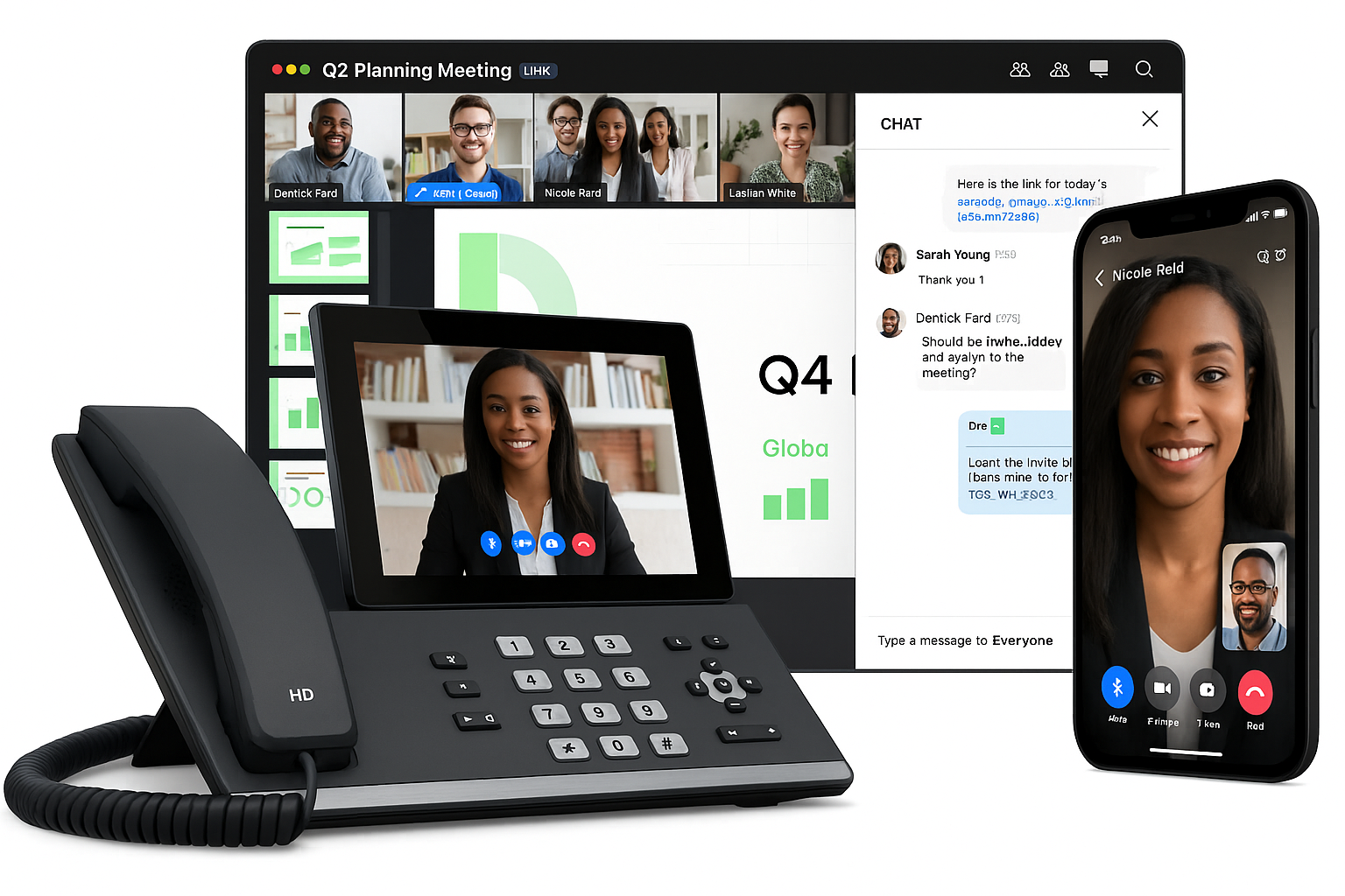 Devices showing a video conference call; phone, tablet, laptop, and smartphone. Presentation screen visible.