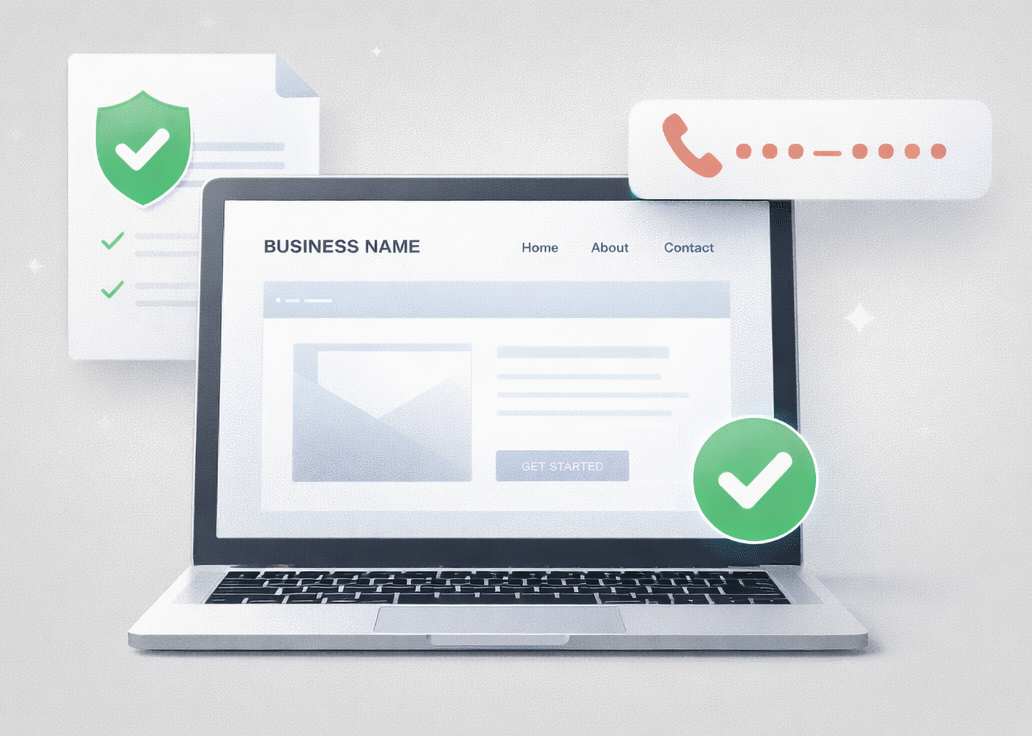 Laptop with website, security icons: shield, checkmark, and masked phone number, indicating secure login.