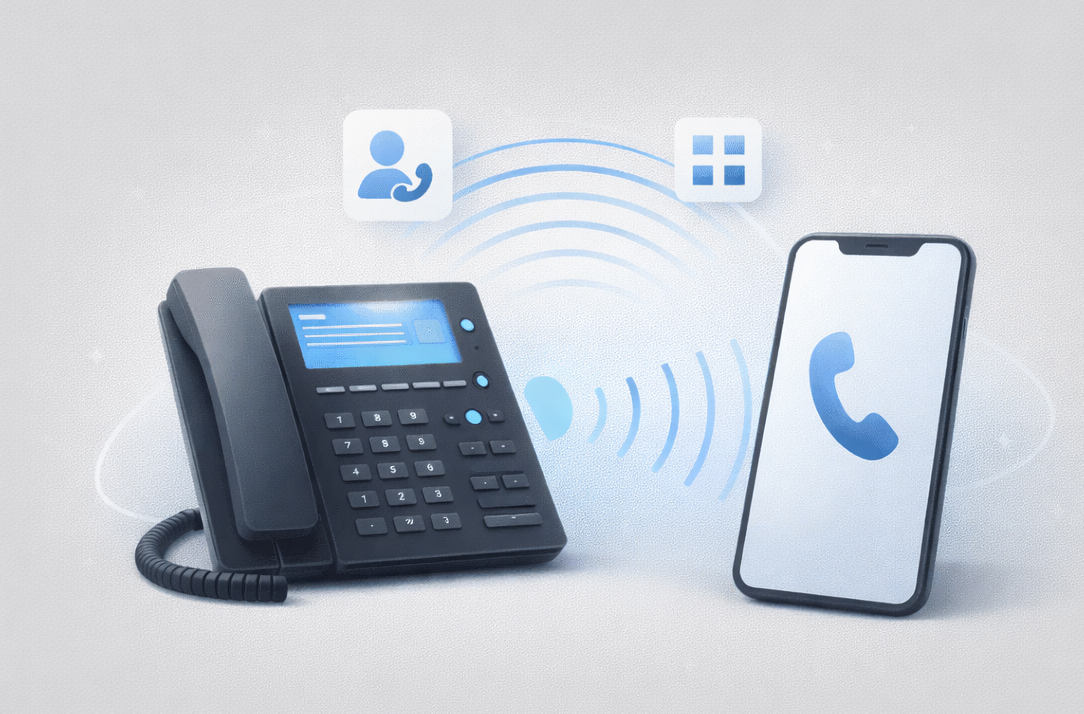 Black office phone and smartphone with call icons, connected by blue wireless signal.