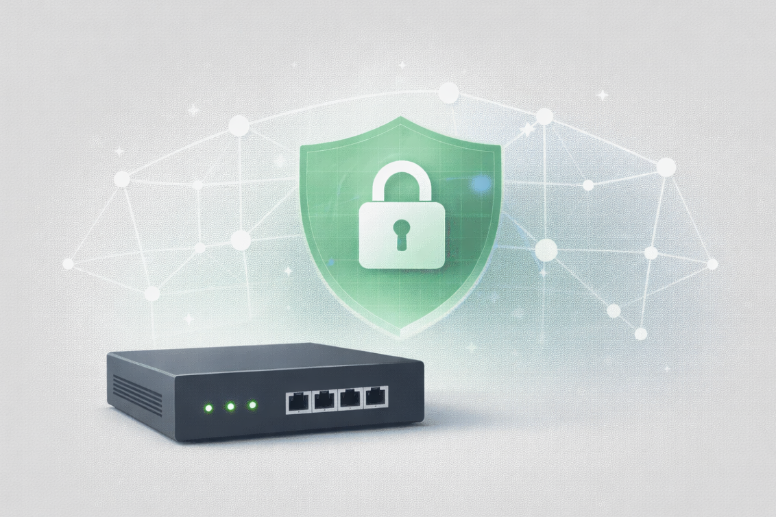 Router with green security shield and lock graphic.