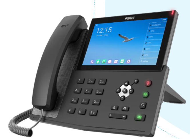 Black IP phone with a touchscreen displaying a clock and a seagull.