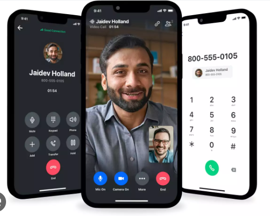 Three smartphones displaying video calls and dial pads. One dark, two white-backgrounds.