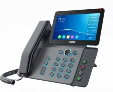 VoIP phone with large screen, grey and black, displaying a clock, apps, and dialing buttons.