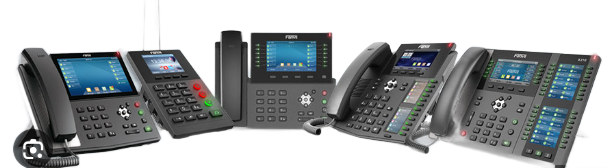 Several black business phones on a white background, some with screens and buttons.