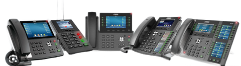 Several black business phones on a white background, some with screens and buttons.