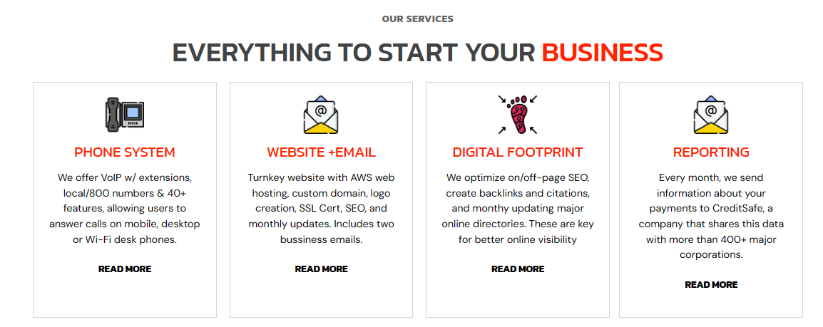 A screenshot of a website that says everything to start your business