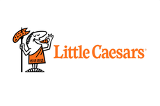 The little caesars logo is a cartoon of a man holding a pizza.