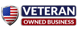 A veteran owned business logo with an american flag on it