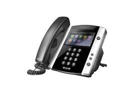 A black and white telephone with a screen on a white background.
