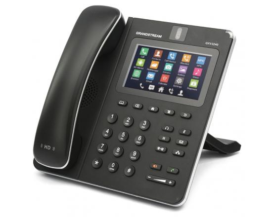 A black telephone with a screen on it
