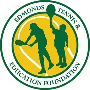 Edmonds Tennis & Education Foundation logo: Tennis players, green silhouettes, against a yellow tennis ball background within a green ring.