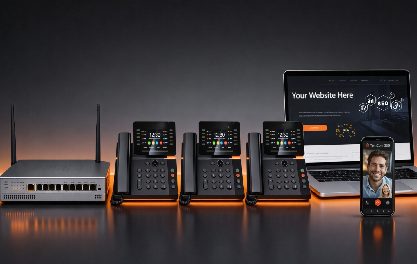 VoIP phone system setup: Router, three phones, laptop with webpage, smartphone with video call.
