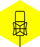 A microphone icon in a yellow hexagon on a white background.