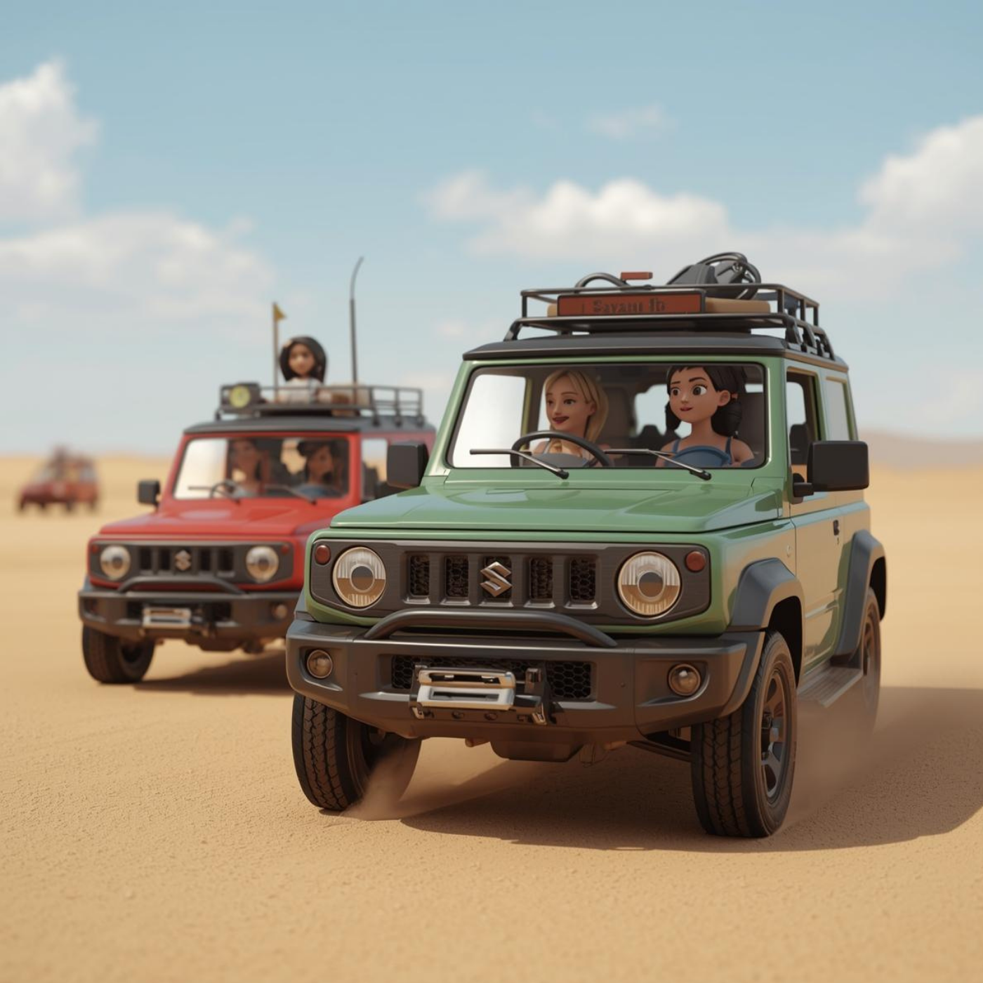 Two green and red off-road vehicles driving on sand in a desert with passengers.