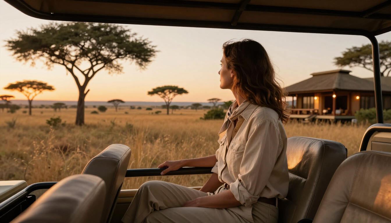 A solo female traveler enjoying a safari sunset in Africa.