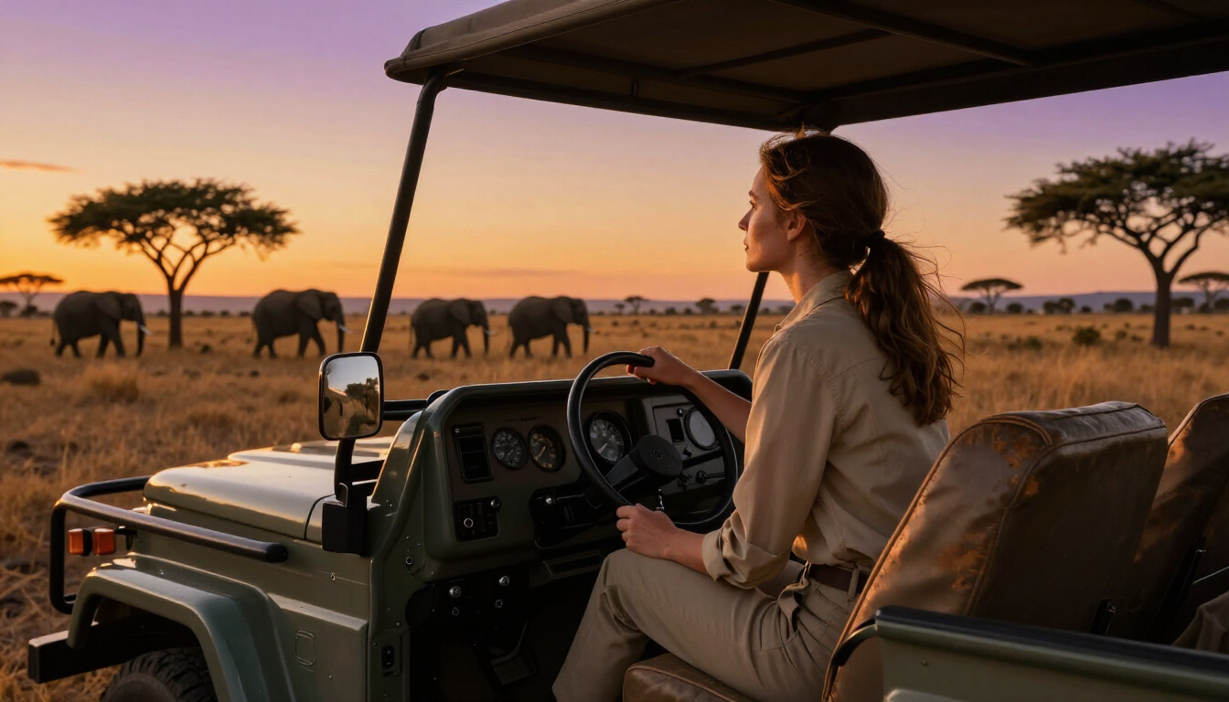 A woman enjoying the sunset on an African safari adventure.