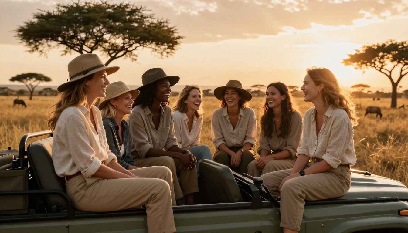 A group of women laughing on a safari vehicle at sunset in Africa