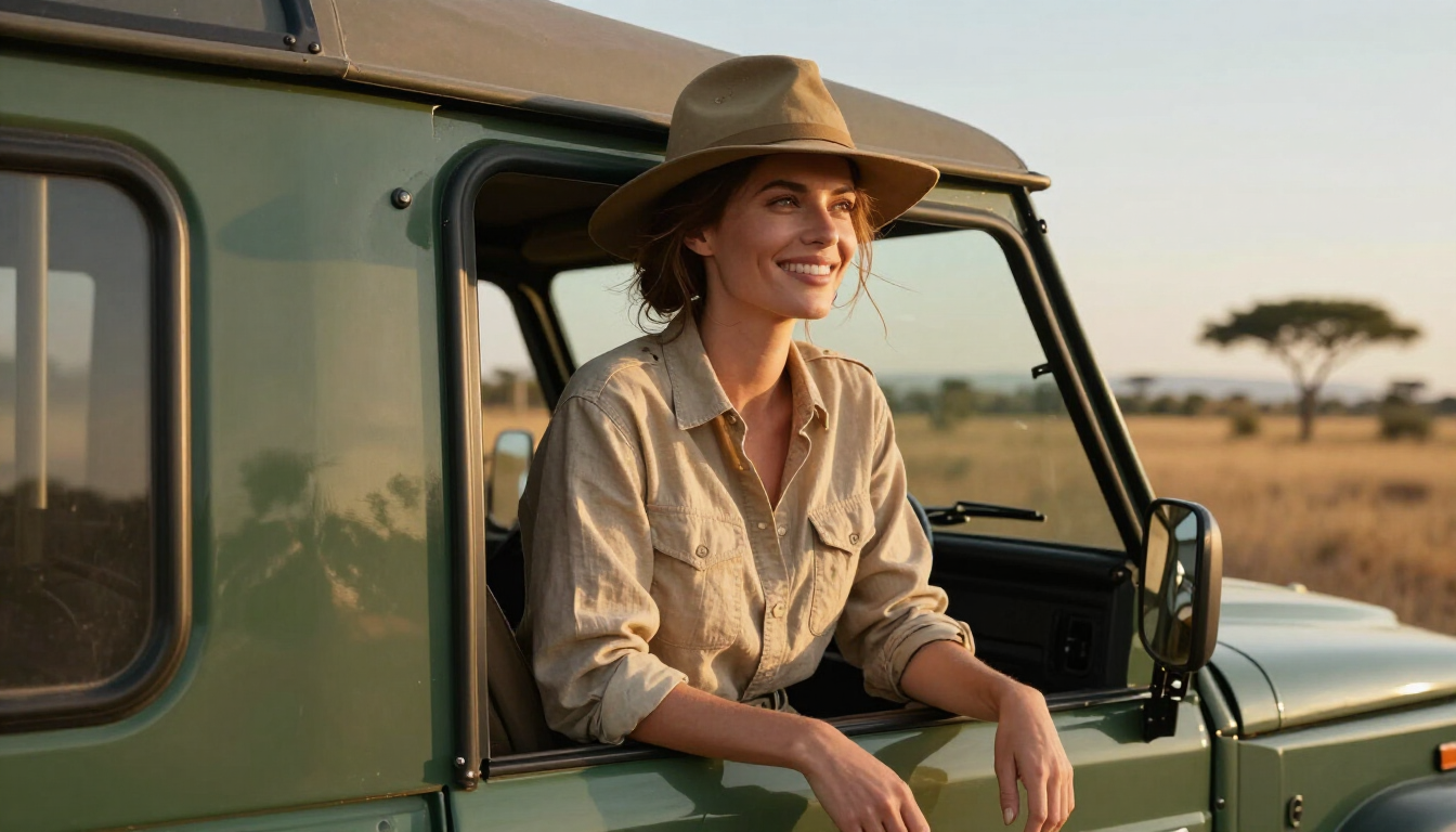 Close up of a woman wearing a safari hat with messy hair in the African bush at sunset.