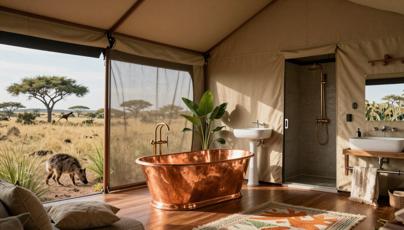 A luxury safari tent bathroom with a copper tub and view of the savannah.