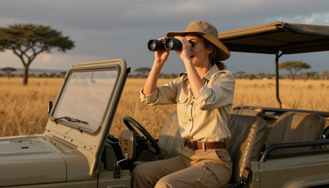 A safari hat and binoculars overlooking the African savanna at sunrise.