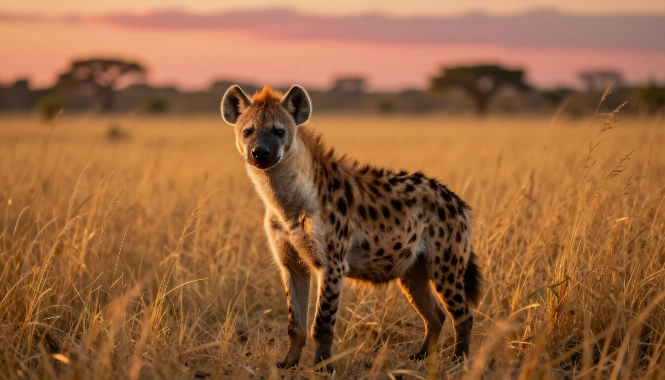 A spotted hyena in the African savanna during sunset.
