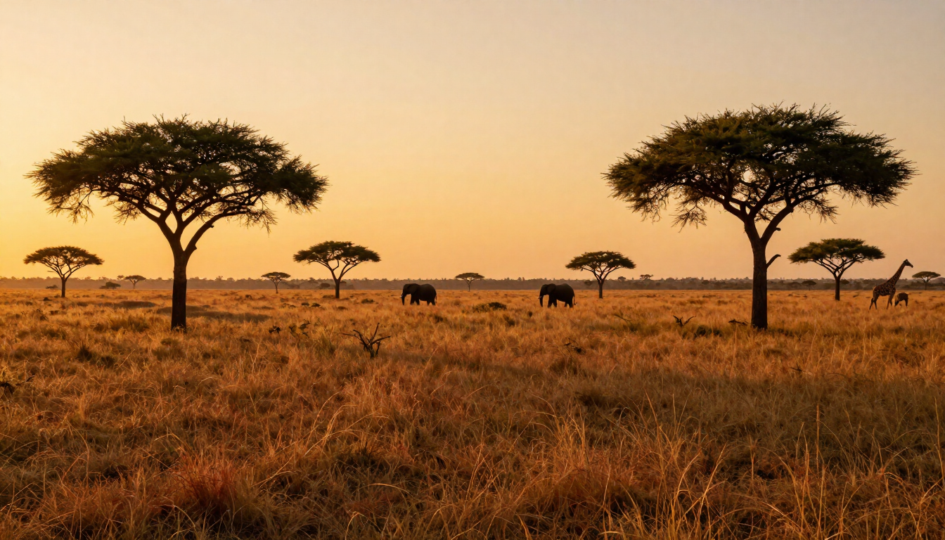 A woman in safari gear looking at elephants in the Serengeti.