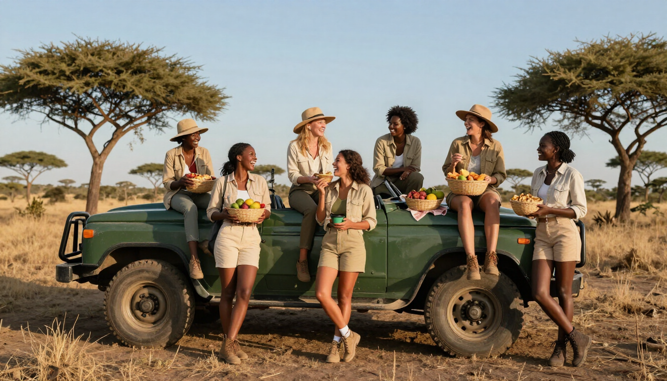Six safari tourists standing and sitting on a green jeep in a dry savanna with acacia trees