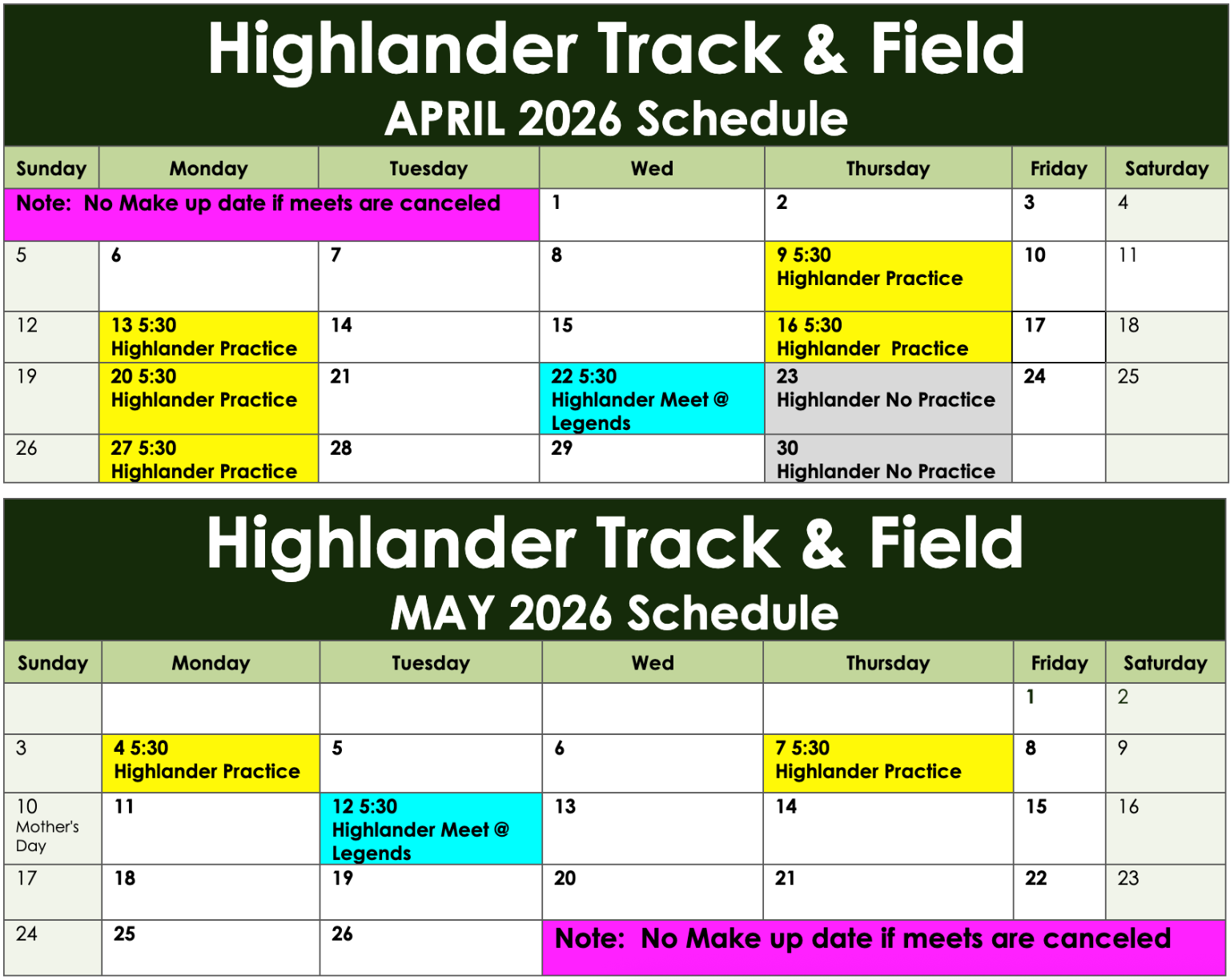 2025 Highlander Track Calendar
