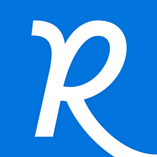 A white letter r on a blue background