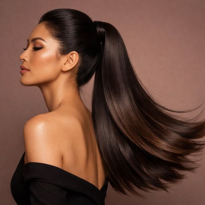 Side-profile portrait of a woman with a sleek high ponytail and flowing dark hair against a warm background