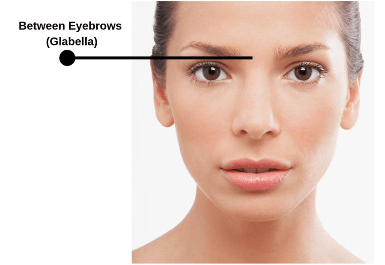 A close up of a woman 's face showing the between eyebrows