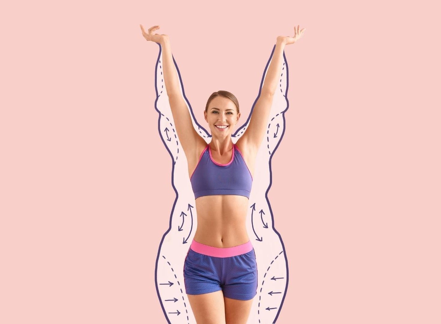 A woman is standing with her arms in the air in front of a drawing of her stomach.