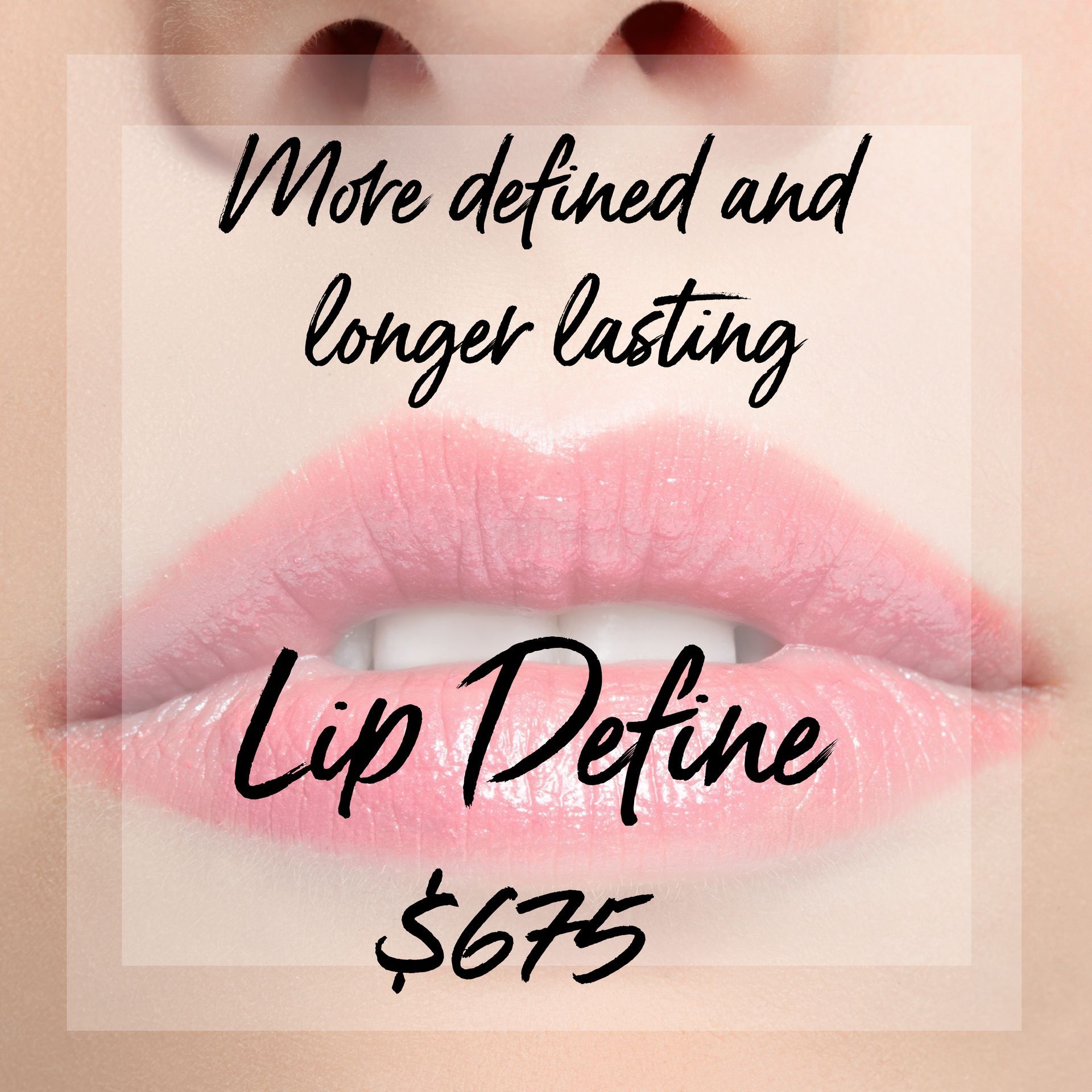 A close up of a woman 's lips with the words more defined and longer lasting lip define $ 675
