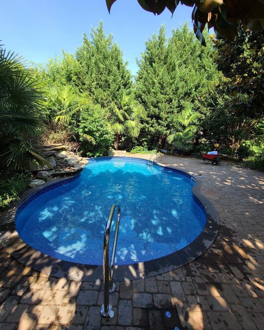 Blue tiled swimming pool surrounded by brick patio, lush greenery, and tall trees under a bright blue sky.