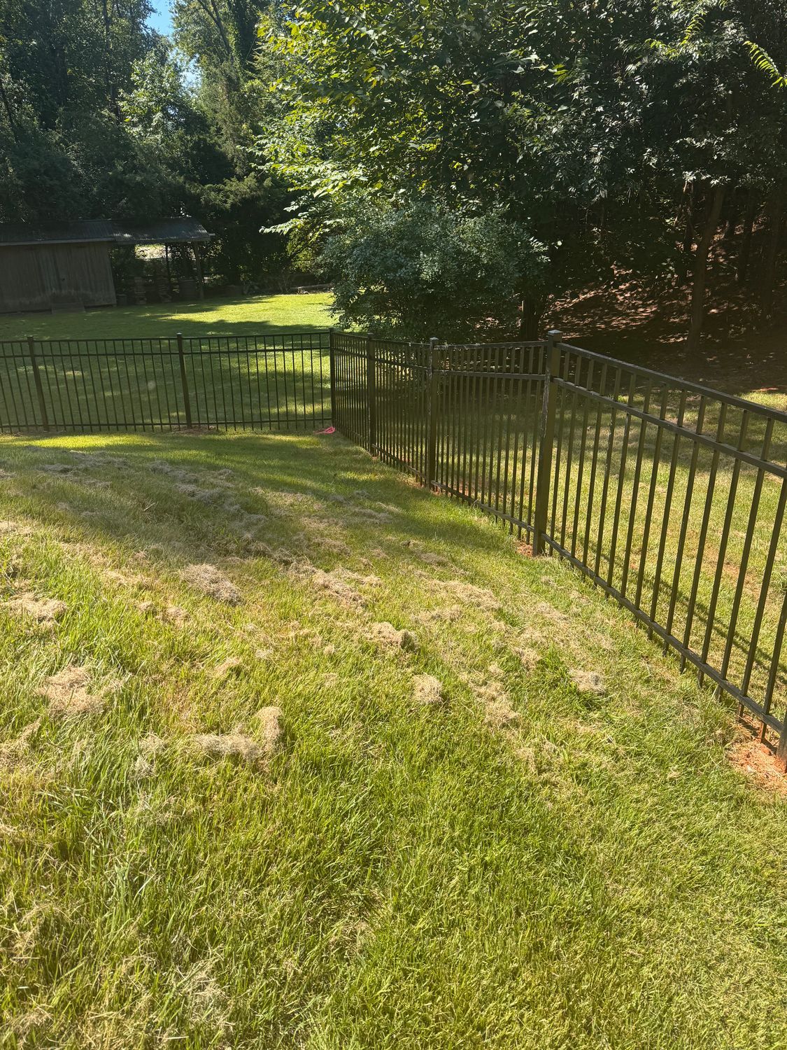 Black metal fence on a grassy hill, leading towards trees and a distant building on a sunny day.
