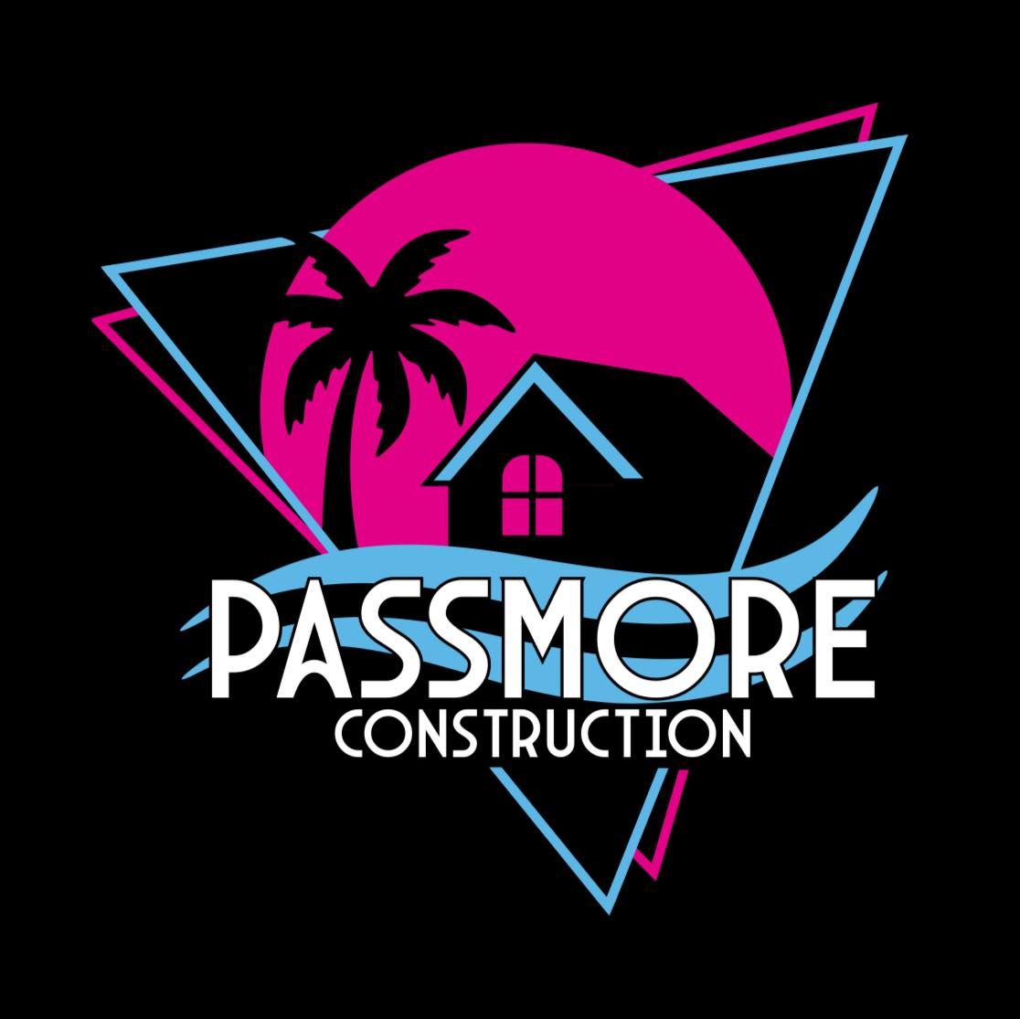 Logo for Passmore Construction: a house and palm tree silhouetted against a pink and blue sunset.