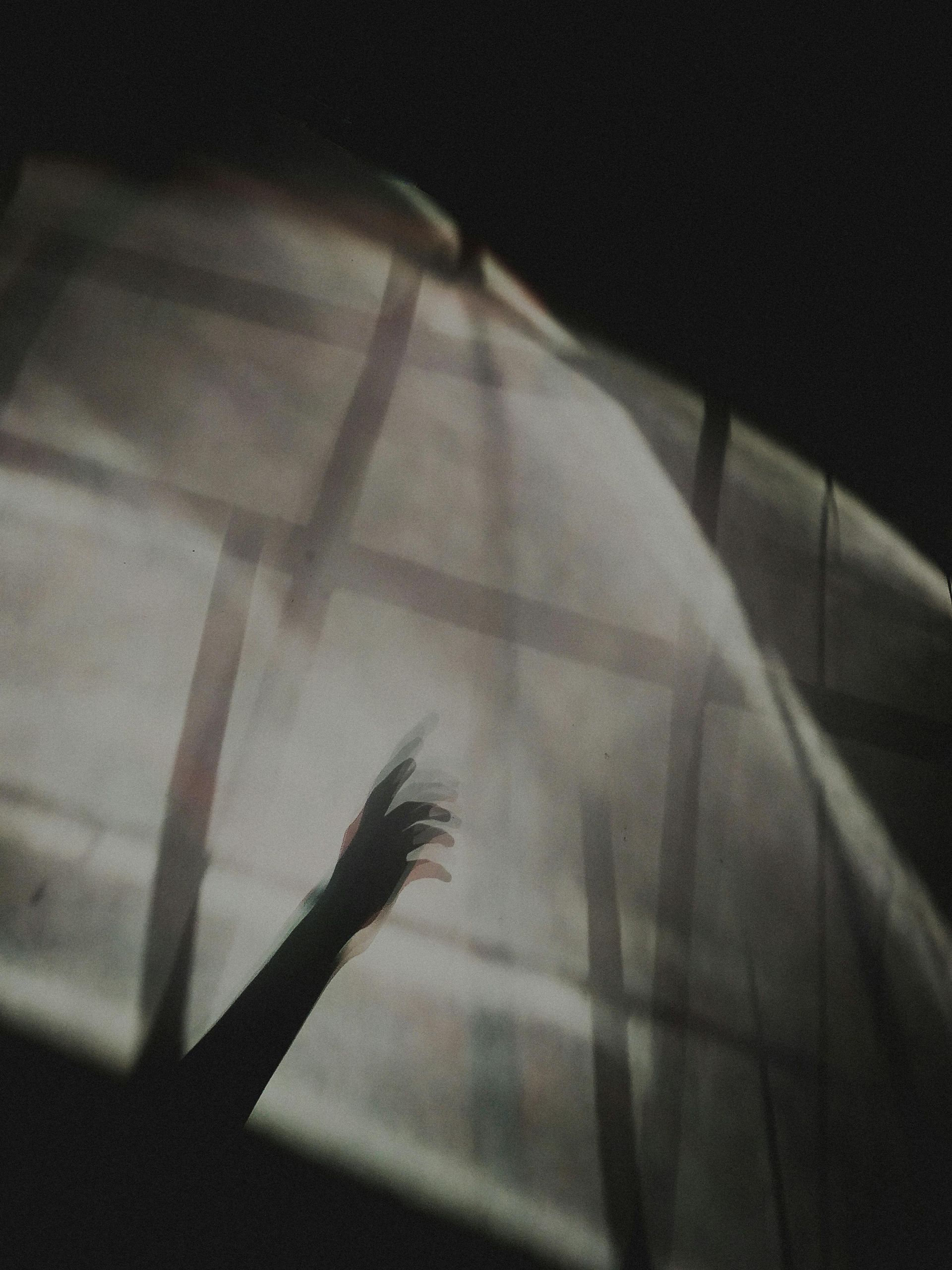 Shadow of a hand reaching towards a window with a grid pattern, lit by sunlight. Dark setting.