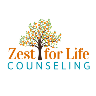 Logo for Zest for Life Counseling, featuring an orange tree with the text "Zest for Life COUNSELING".