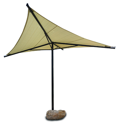 A triangle shaped umbrella is sitting on a rock base