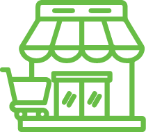 A green icon of a store with a shopping cart.
