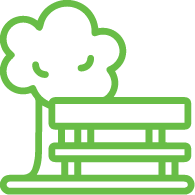 A green line icon of a park bench with a tree in the background.