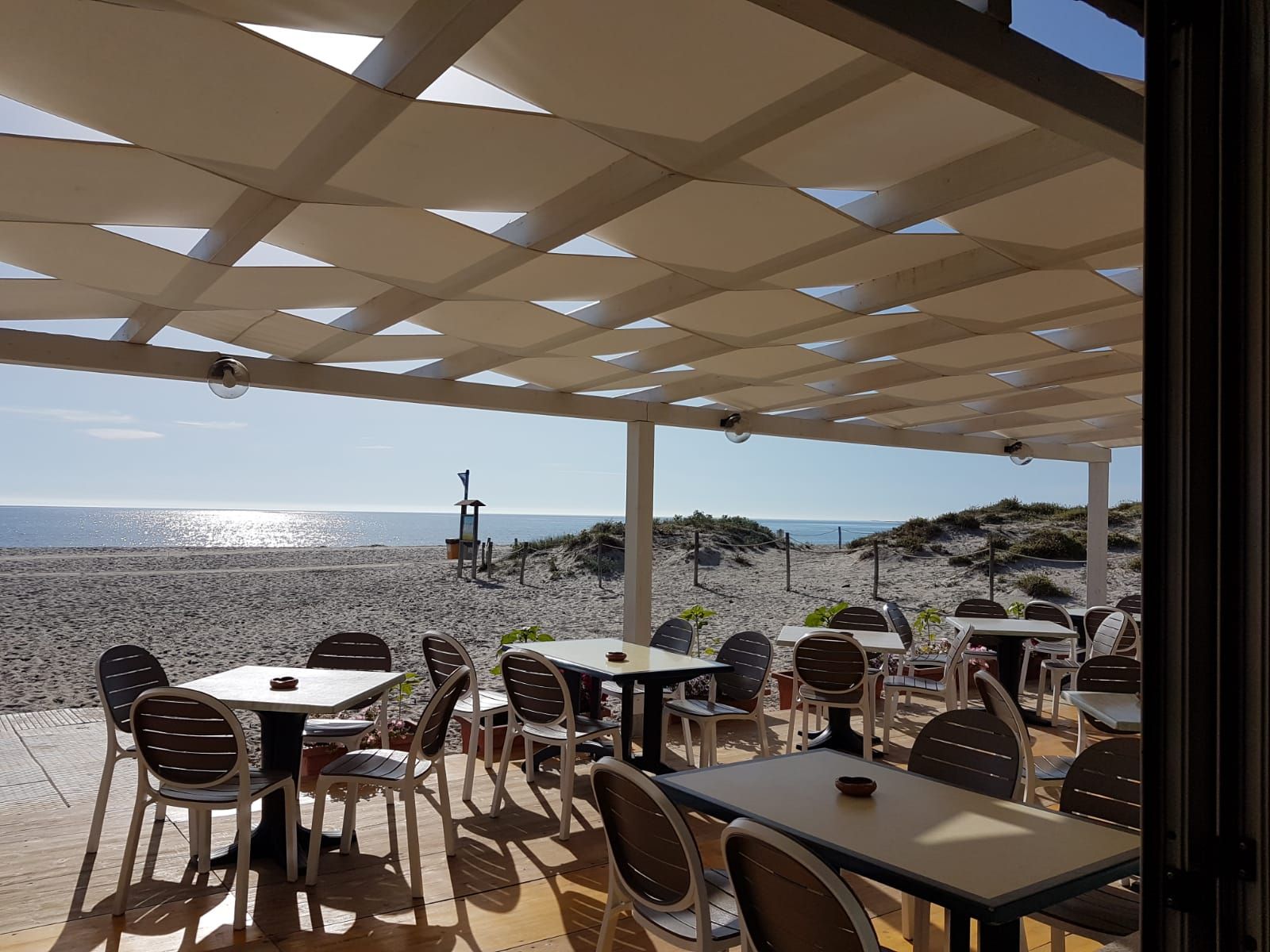 Bar all'aperto sulla spiaggia con tavoli, sedie e tenda da sole; sullo sfondo l'oceano e il cielo limpido.