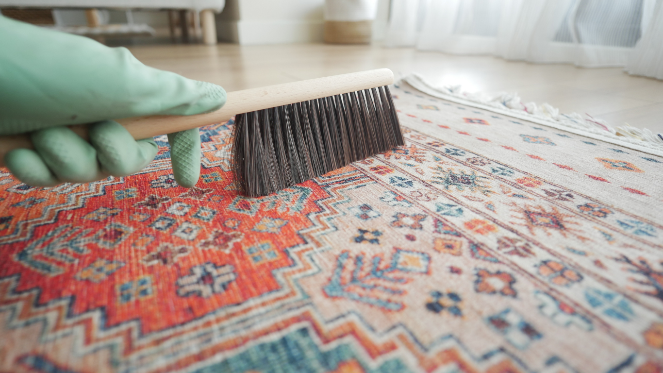 Hand in green glove brushing a patterned rug with a wooden brush. Indoors, natural light.
