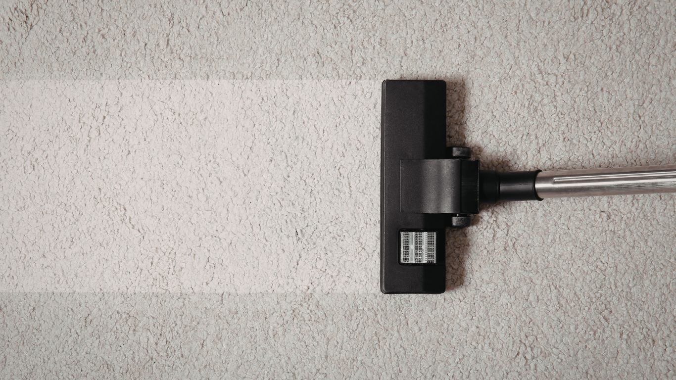Vacuum cleaner cleaning a light-colored carpet, leaving a clean trail.