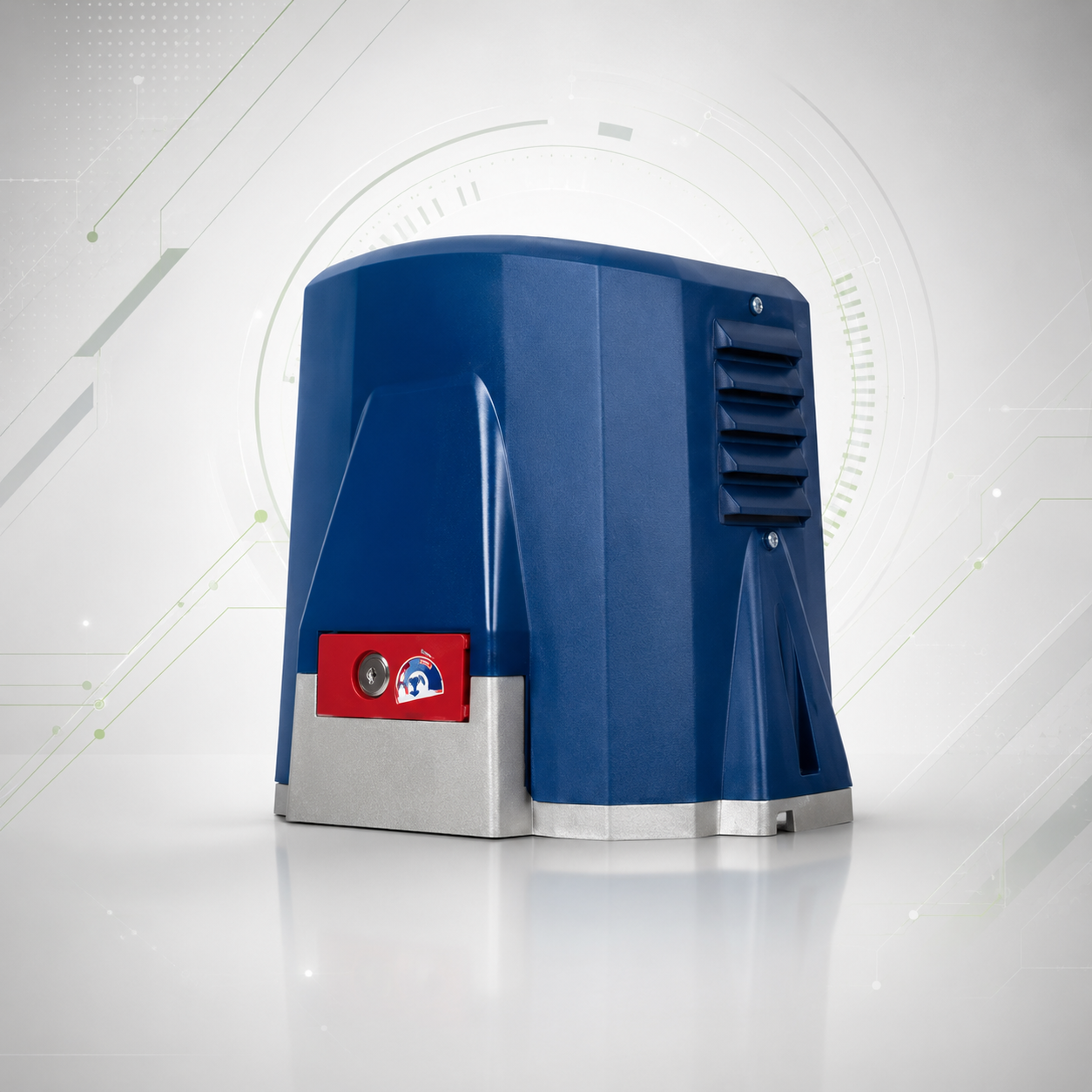 Recipiente azul y plateado sobre fondo blanco con panel de control rojo y ventilación lateral.