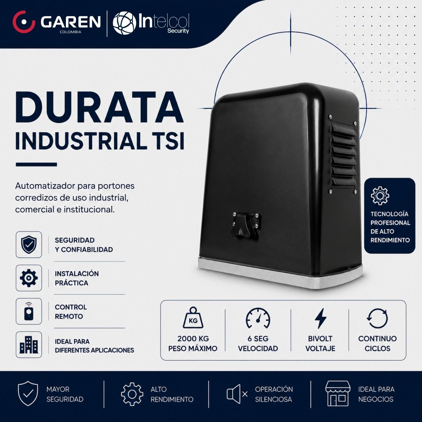 Anuncio de producto de abrepuertas de garaje industrial con unidad negra y logotipo en azul y blanco.