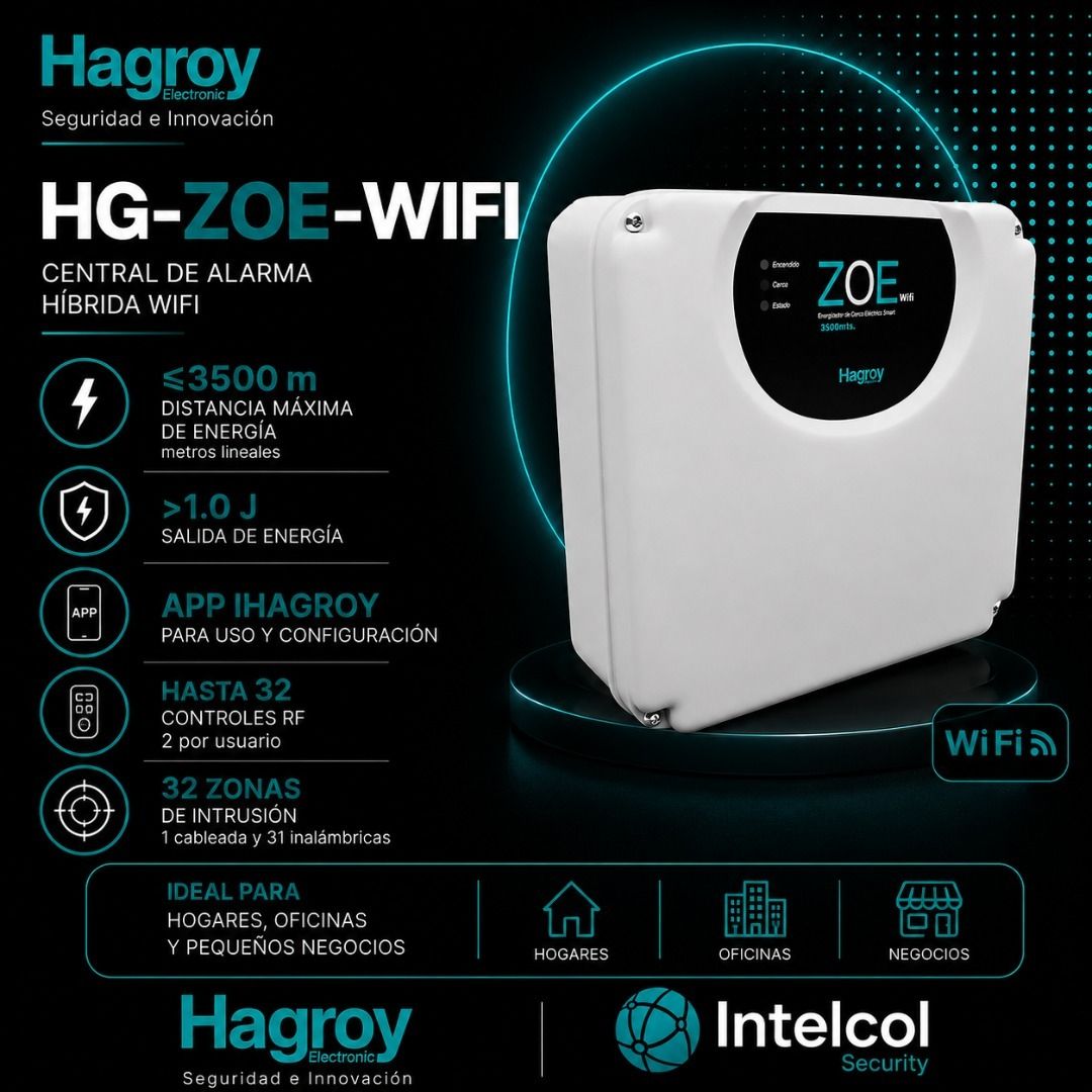Anuncio del sistema de alarma de seguridad Hagroy HG-ZOE-WIFI con dispositivo blanco, iconos de funciones y la marca Intelcol.